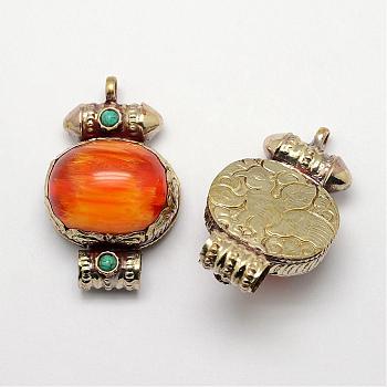 Tibetan Style Pendants, Resin Imitation Beeswax, with Synthetic Turquoise and Antique Golden Brass Findings, Orange, 49x30x18mm, Hole: 5~7mm