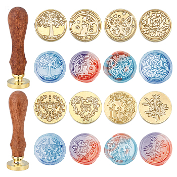 8Pcs 8 Style Wax Seal Brass Stamp Head, with Tree Pattern, Flower Pattern, Leaf Pattern, Heart Pattern, Bees Pattern, Butterfly Pattern, Cat Pattern, with 2Pcs Pear Wood Handle, for Wax Seal Stamp, Mixed Patterns, Stamp Head: 25x14.5mm, 1pc/style