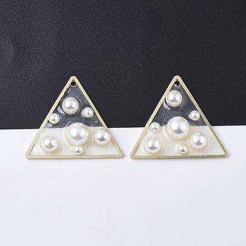 Epoxy Resin Pendants, with ABS Plastic Imitation Pearl and Light Gold Plated Brass Open Back Bezel, Triangle, Clear, 30x34x8mm, Hole: 1.8mm