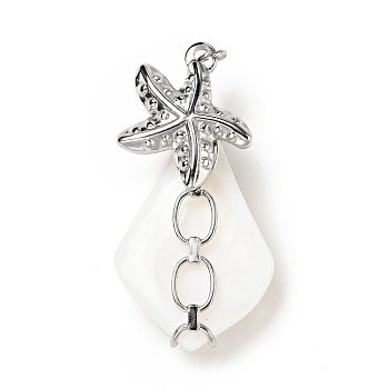 Natural White Shell Pendants, Teardrop Charm, with Stainless Steel Color Plated 304 Stainless Steel  Starfish Findings and Jump Ring, 35~40x18~20x10~12mm, Jump Ring: 4x0.8mm, Inner Diameter: 2.5mm
