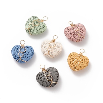 Natural Dyed Lava Rock Pendants, Heart Charm, with Golden Tone Copper Wire Wrapped, Mixed Color, 28x24x11mm, Hole: 3.5mm