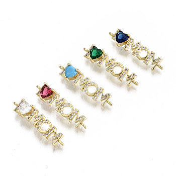 Real 16K Gold Plated Brass Micro Pave Cubic Zirconia Links Connectors, for Mother's Day, Cadmium Free & Nickel Free & Lead Free, Heart with Word Mom, Mixed Color, 6x27x6mm, Hole: 1.2mm