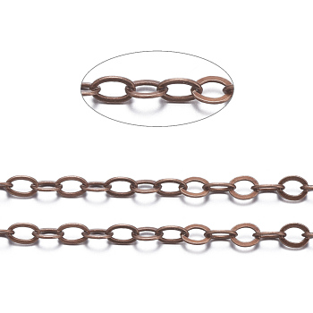 Brass Flat Oval Cable Chains, Unwelded, with Spool, Cadmium Free & Nickel Free & Lead Free, Red Copper, 3.5x3x0.5mm, about 92m/roll