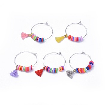 Wine Glass Charms, with Brass Findings, Polymer Clay Heishi Beads and Polycotton(Polyester Cotton) Tassel Charms, Mixed Color, 37mm, Pin: 0.8mm