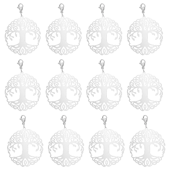 20Pcs Flat Round with Tree of Life 201 Stainless Steel Filigree Pendant Decorations, with 304 Stainless Steel Lobster Claw Clasps, Stainless Steel Color, 57mm