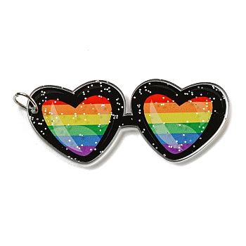 Double-Sided Printed Acrylic Big Pendants, with Iron Jump Ring and Glitter Powder, Heart Glasses with Rainbow Pattern, Black, 51x21.5x2mm, Hole: 5.5mm