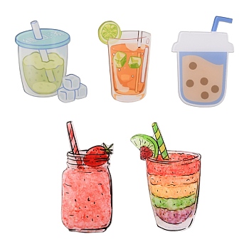 5Pcs 5 Style Drink & Juice & Milk Tea Acrylic Badges Brooch Pins, Cute Lapel Pins, for Clothing Jackets DIY Crafts, Mixed Color, 39.5~55x25~35x8.5mm, Pin: 0.8mm, 1pc/style