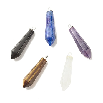 Natural Mixed Gemstone Pendants, with Silver Plated Brass Loops, Faceted, Bullet, 35~36.5x8.5~9x8~8.5mm, Hole: 2mm