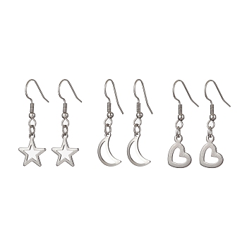 3 Pair 3 Style 304 Stainless Steel Dangle Earrings, Hollow Moon & Heart & Star, Stainless Steel Color, 35~36x9~12.5mm, 1 Pair/style