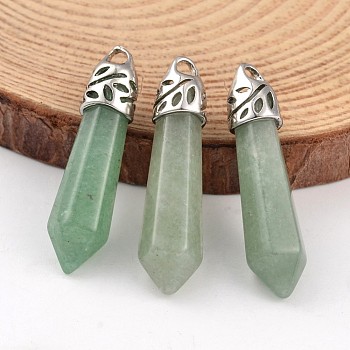 Bullet Natural Green Aventurine Pendants, with Platinum Tone Alloy Findings, 33~40x8~10mm, Hole: 3x2mm