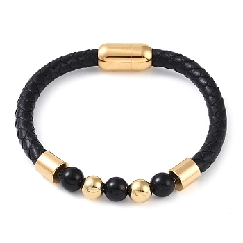 Round Natural Black Onyx(Dyed & Heated) Beads Braided Leather Cord Bracelets, with Ion Plating(IP) 304 Stainless Steel Magnetic Clasps, for Men Women, Golden, 8-1/4 inch(21cm), 6~10mm