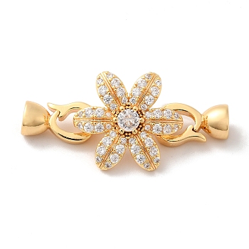 Brass Pave Clear Cubic Zirconia Fold Over Clasps, Flower, Real 18K Gold Plated, Flower: 17.5x16x7mm, Hole: 5.6x4mm, Claps: 12x6.5x5.5mm, Inner Diameter: 1.4x3.4mm