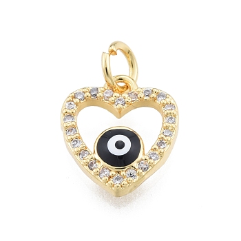 Brass Micro Pave Clear Cubic Zirconia Charms, with Enamel and Jump Rings, Golden, Heart with Evil Eye, Black, 13x11x3mm, Hole: 3mm