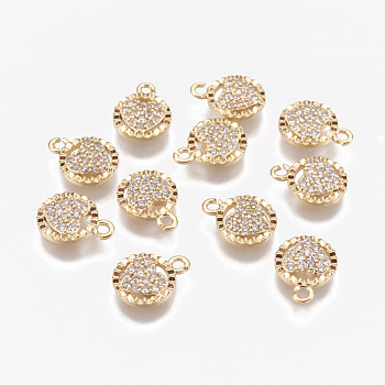 Brass Micro Pave Cubic Zirconia Charms, Flat Round with Heart, Nickel Free, Real 18K Gold Plated, 10x8x2mm, Hole: 1mm