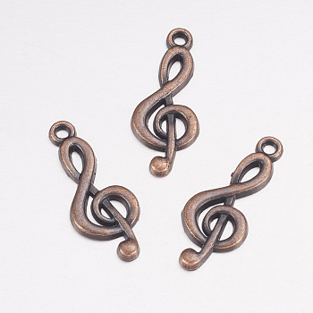 Tibetan Style Alloy Treble Clef Pendants, Cadmium Free & Nickel Free & Lead Free, Musical Note, Red Copper, 26x10x2mm, Hole: 2mm