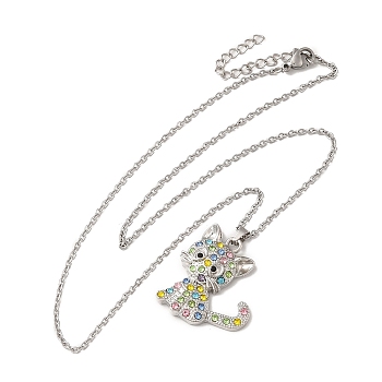 Alloy Rhinestone Cat Pandant Necklace with Cable Chains, Stainless Steel Jewelry for Women, Colorful, 17.83 inch(45.3cm)