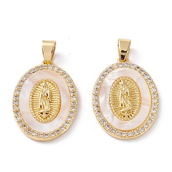 Brass Micro Pave Clear Cubic Zirconia Pendants, Lady of Guadalupe Charms, Long-Lasting Plated, Oval with Virgin Mary, Real 18K Gold Plated, 27x19x3mm, Hole: 4.5x3.5mm