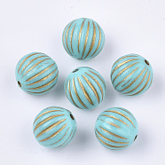 Plating Acrylic Beads, Metal Enlaced, Corrugated, Round, Turquoise, Golden Plated, 14mm, Hole: 2mm, about 340pcs/500g(PACR-Q115-14mm-72-03G)