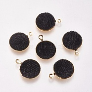 Brass Charms, with Velvet, Flat Round, Real 18K Gold Plated, Black, 14x12x3mm, Hole: 1mm(KK-P138-13A)