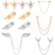 Elite 8Pcs 8 Style Antler & Wing & Triangle Hanging Chain Brooches, Leaf & Flower Shirt Collar Lapel Pins for Men Women, Mixed Color, 40~185x19~60mm, 1Pc/style(JEWB-PH0001-30)