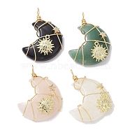Natural & Synthetic Mixed Gemstone Copper Wire Wrapped Moon Pendants, Rack Plating Alloy Crystal Rhinestone Sun Charms, Light Gold, 46x30x10mm, Hole: 4.5mm(PALLOY-JF02568)