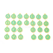 Initial Letter A~Z Alphabet Enamel Charms, Flat Round Disc Double Sided Charms, Golden Plated Enamelled Sequins Alloy Charms, Medium Aquamarine, 14x12x2mm, Hole: 1.5mm(ENAM-XCP0001-36)