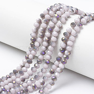 Electroplate Opaque Glass Beads Strands, Half Purple Plated, Faceted, Rondelle, Antique White, 6x5mm, Hole: 1mm, about 85~88pcs/strand, 16.1~16.5 inch(41~42cm)(EGLA-A034-P6mm-F17)