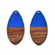 Transparent Resin & Walnut Wood Pendants, Teardrop Shape Charm, Blue, 38x18x3mm, Hole: 2mm(X-RESI-N025-032-C03)