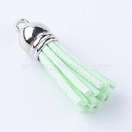 Faux Suede Tassel Pendant Decorations, with CCB Plastic Cord Ends, Platinum, Pale Green, 35~37x10mm, Hole: 1.8mm(FIND-T002-A11)
