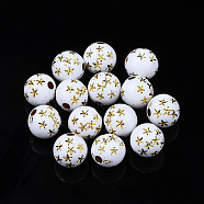 Craft Style Opaque White Acrylic Beads, Round with Star, Goldenrod, 7.5~8mm, Hole: 1.8mm, about 2000pcs/500g(MACR-N012-11-B02)