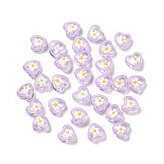 Transparent Glass Beads, with Enamel, Heart with Flower Pattern, Plum, 12x12x6.5mm, Hole: 0.9mm(GLAA-C026-03C)