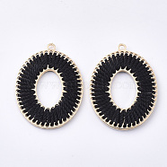 Polyester Thread Woven Pendants, with Golden Plated Alloy Findings, Long-Lasting Plated, Oval, Black, 43x32x3mm, Hole: 2mm(FIND-S319-08A)