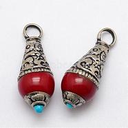 Brass Teardrop Pendants, with Resin Imitation Gemstone and Antique Silver, Red, 26~28x11mm, Hole: 4mm(PALLOY-F127-B-06)