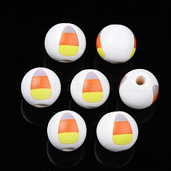 Halloween Printed Natural Wood Beads, Round with Candy Corn, Yellow, 15.5x14.5mm, Hole: 4mm(WOOD-S057-087)