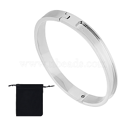 1Pc Stainless Steel Grooved Bangles, DIY Leather Inlay Bangles, with 1Pc Velvet Pouches, Stainless Steel Color, Inner Diameter: 2-1/4x2 inch(5.8x5cm)(STAS-UN0042-51P)