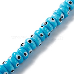 Handmade Evil Eye Lampwork Beads, Flat Round, Deep Sky Blue, 9.5~10.5x5~5.5mm, Hole: 3.5~4mm, about 30pcs/strand, 5.71~5.91 inch(14.5~15cm)(LAMP-F021-01D)