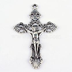 Tibetan Style Alloy Pendants, For Easter, Crucifix Cross, Cadmium Free & Lead Free, Antique Silver, 55.5x34x5mm, Hole: 2mm, about 190pcs/1000g(TIBEP-S298-011AS-LF)