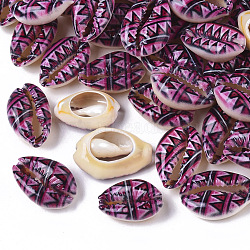 Printed Natural Cowrie Shell Beads, No Hole/Undrilled, with Triangle Pattern, Purple, 18~21x12~15x7mm(SSHEL-R047-01-E04)