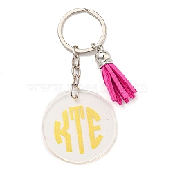 Acrylic Flat Round with Suede Tassel Pendant Keychain, with Iron Key Ring, Yellow, 100mm(KEYC-G060-01C)