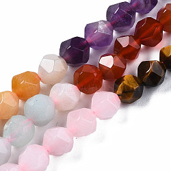 Chakra Theme Natural Tiger Eye & Rose Quartz & Amethyst & Topaz Jade & Red Agate & Amazonite & Sodalite Beads Strands, Star Cut Round Beads, Faceted, 6~7x5~6mm, Hole: 1mm, about 63~64pcs/strand, 15.55 inch(39.5cm)(X1-G-S376-002A)