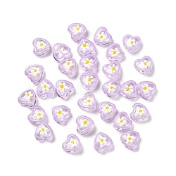 Transparent Glass Beads, with Enamel, Heart with Flower Pattern, Plum, 12x12x6.5mm, Hole: 0.9mm(GLAA-C026-03C)