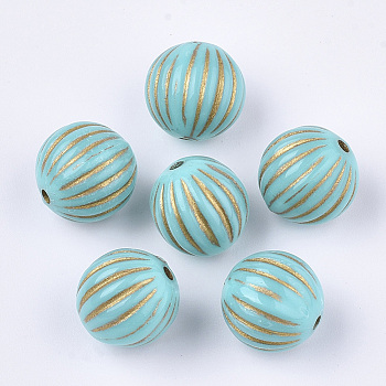 Plating Acrylic Beads, Metal Enlaced, Corrugated, Round, Turquoise, Golden Plated, 14mm, Hole: 2mm, about 340pcs/500g