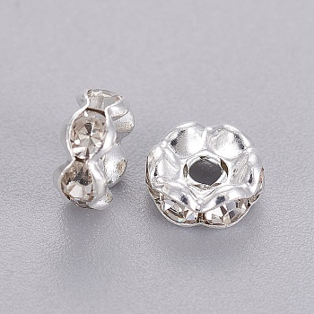 Rhinestone Spacer Beads, Grade A,Brass, Rondelle, Silver Color Plated, Size:about 6mm in diameter, hole:1mm