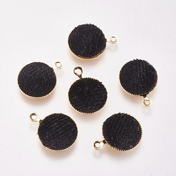 Brass Charms, with Velvet, Flat Round, Real 18K Gold Plated, Black, 14x12x3mm, Hole: 1mm