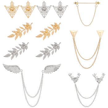 Elite 8Pcs 8 Style Antler & Wing & Triangle Hanging Chain Brooches, Leaf & Flower Shirt Collar Lapel Pins for Men Women, Mixed Color, 40~185x19~60mm, 1Pc/style