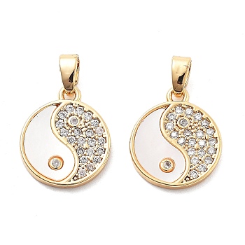 Brass Micro Pave Cubic Zirconia Charms, with Shell, Yin-yang, Real 18K Gold Plated, 15x13x2mm, Hole: 5x2.5mm