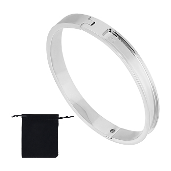 1Pc Stainless Steel Grooved Bangles, DIY Leather Inlay Bangles, with 1Pc Velvet Pouches, Stainless Steel Color, Inner Diameter: 2-1/4x2 inch(5.8x5cm)