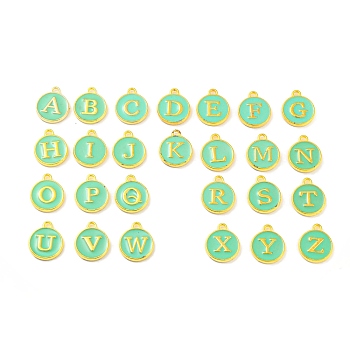 Initial Letter A~Z Alphabet Enamel Charms, Flat Round Disc Double Sided Charms, Golden Plated Enamelled Sequins Alloy Charms, Medium Aquamarine, 14x12x2mm, Hole: 1.5mm