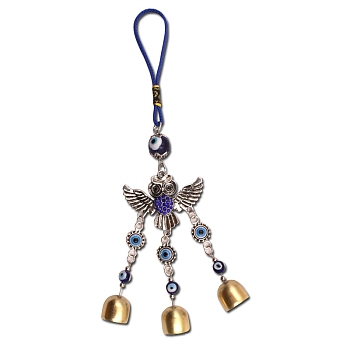 Alloy Rhinestones Owl Pendant Decorations, Blue Evil Eye and Bell Charm Car Bag Hanging Decoration, Antique Silver & Golden, 260x60mm