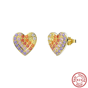 Heart 925 Sterling Silver Stud Earrings, with Colorful Cubic Zirconia, with S925 Stamp, Real 14K Gold Plated, 9x9mm